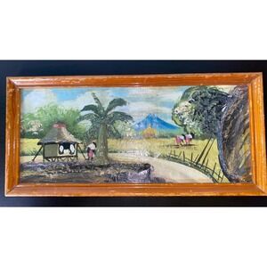 1946 WWII Oil Painting Souvenir Tropical Rural 3D Framed‎